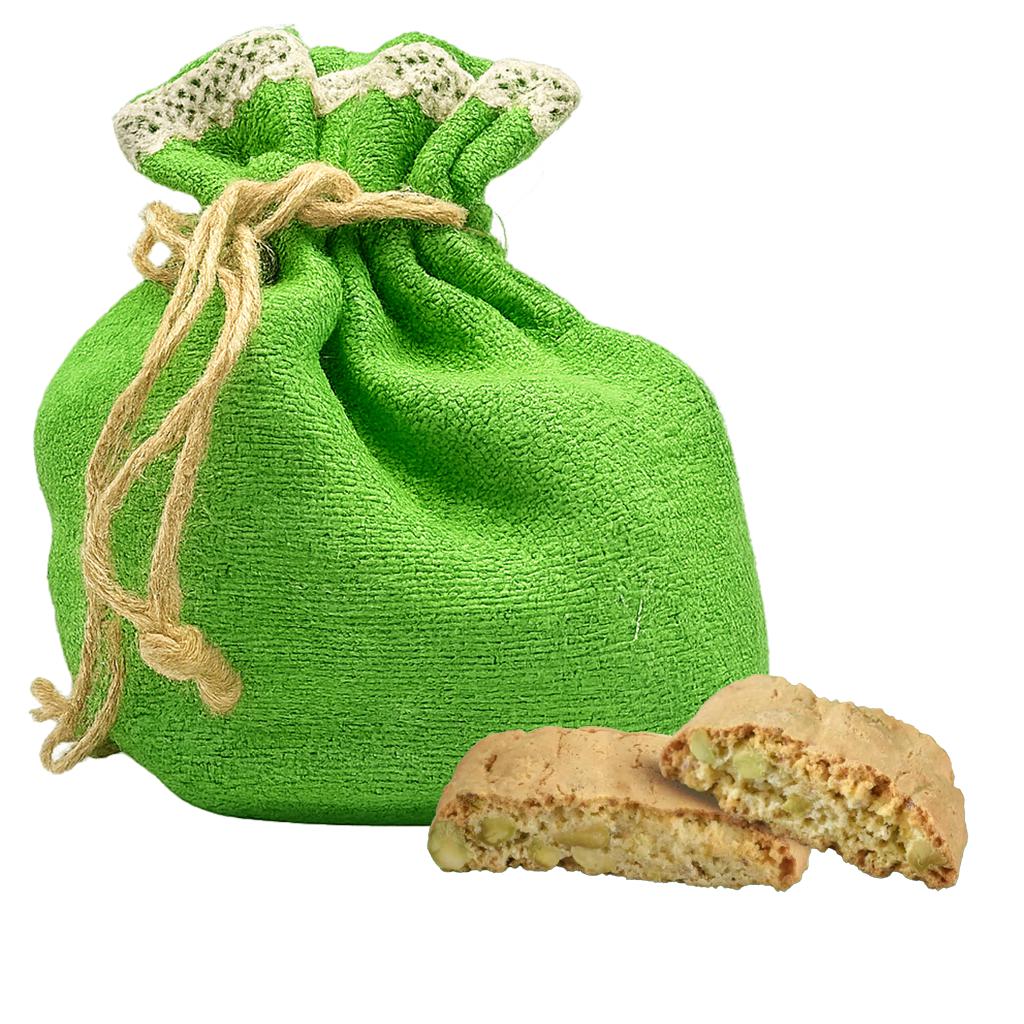 CANTUCCI AL PISTACCHIO E CIOCCOLATO BIANCO IN SACCO DI JUTA GR 200 FLAMIGNI