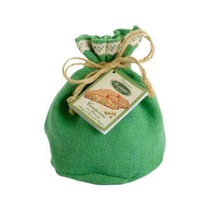 CANTUCCI AL PISTACCHIO E CIOCCOLATO BIANCO IN SACCO DI JUTA GR 200 FLAMIGNI