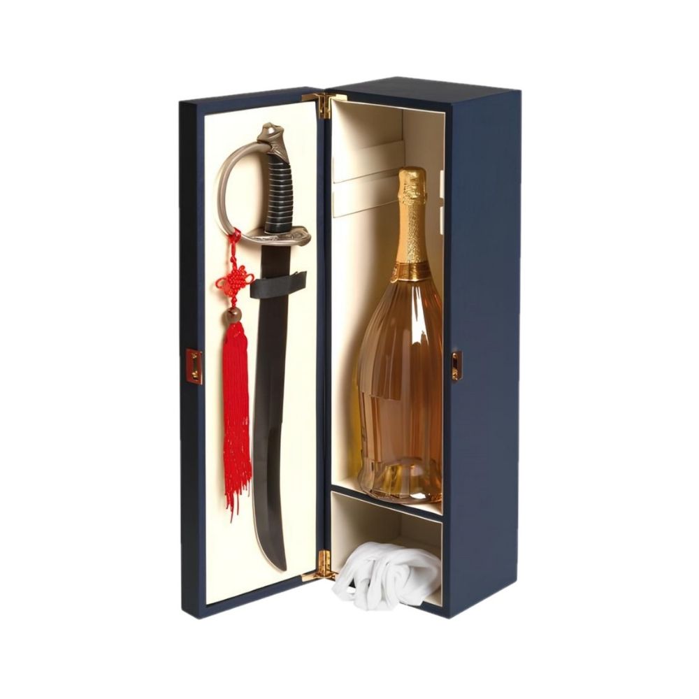 Cofanetto Regalo Blu per 1 Bottiglia con Sciabola e Guanti