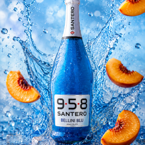 Bottiglia Santero 958 Bellini Blu analcolico con splash d’acqua e pesche