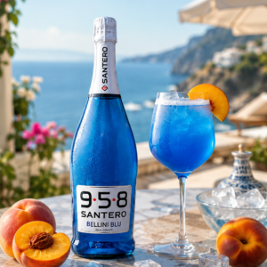 Santero 958 Bellini Blu analcolico con cocktail blu in terrazza sul mare