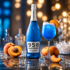 Santero 958 Bellini Blu analcolico con cocktail blu, pesche e ghiaccio
