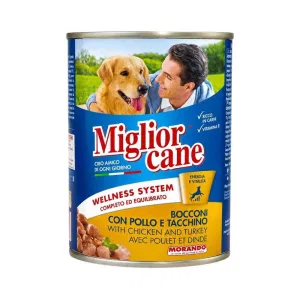 Migliorcane Cibo Umido per Cani Adulti con Pollo e Tacchino – Bocconcini in Lattina 405 g